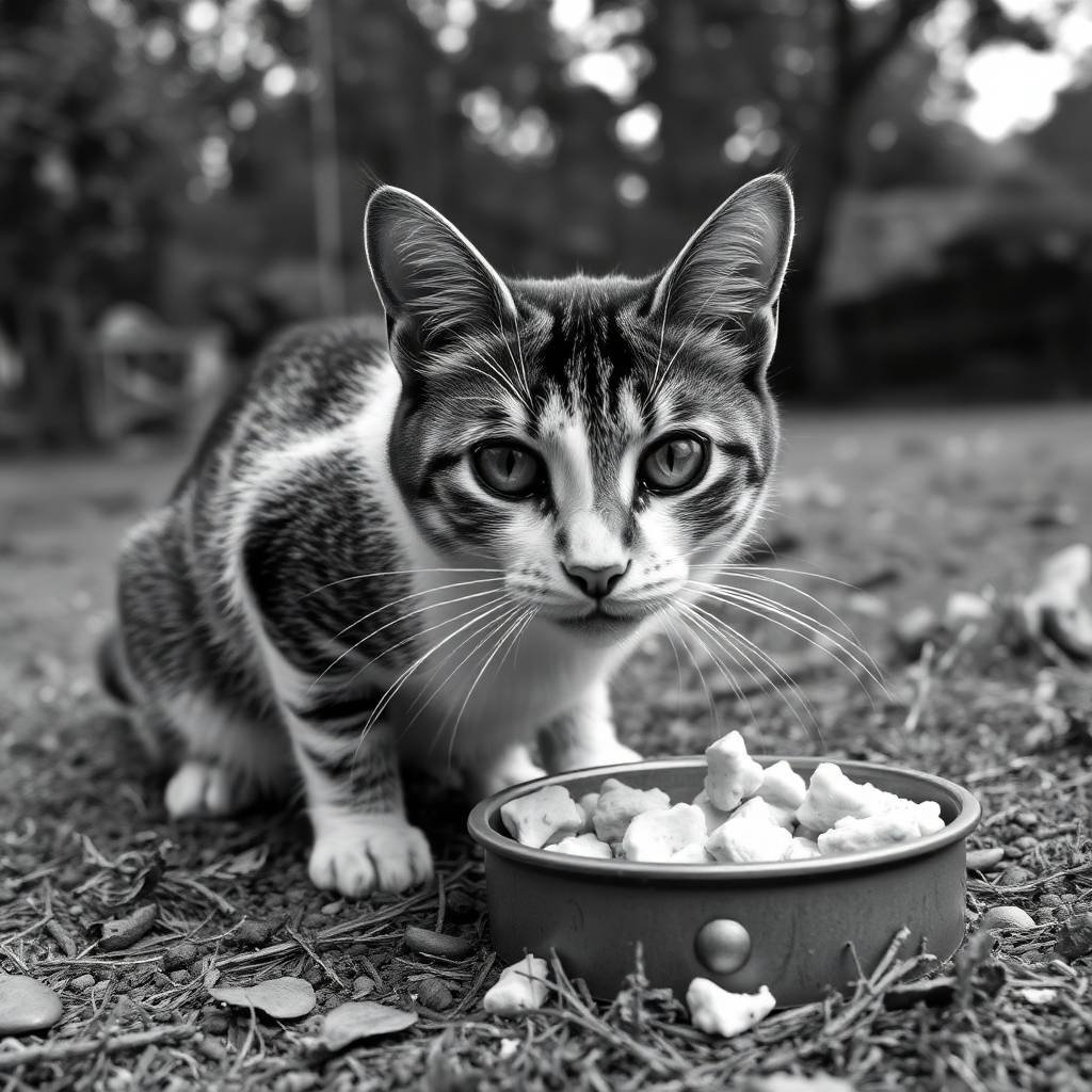 outdoor cat eating from a food bowl filled